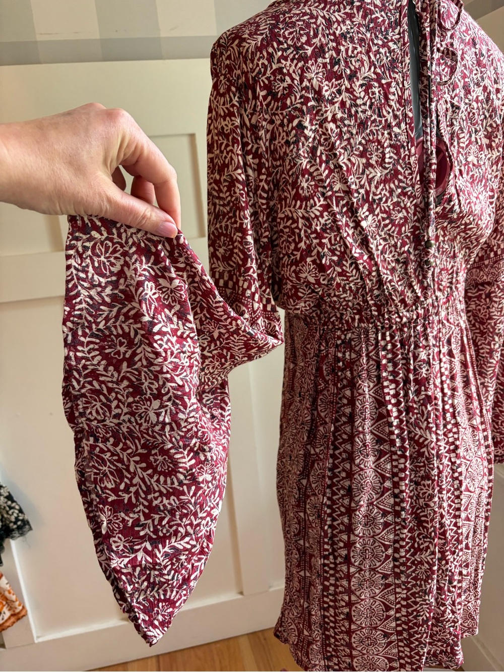 Nostalgia Burgundy and Cream Lace-Up Printed Boho Mini Dress Small - Picture 4 of 9